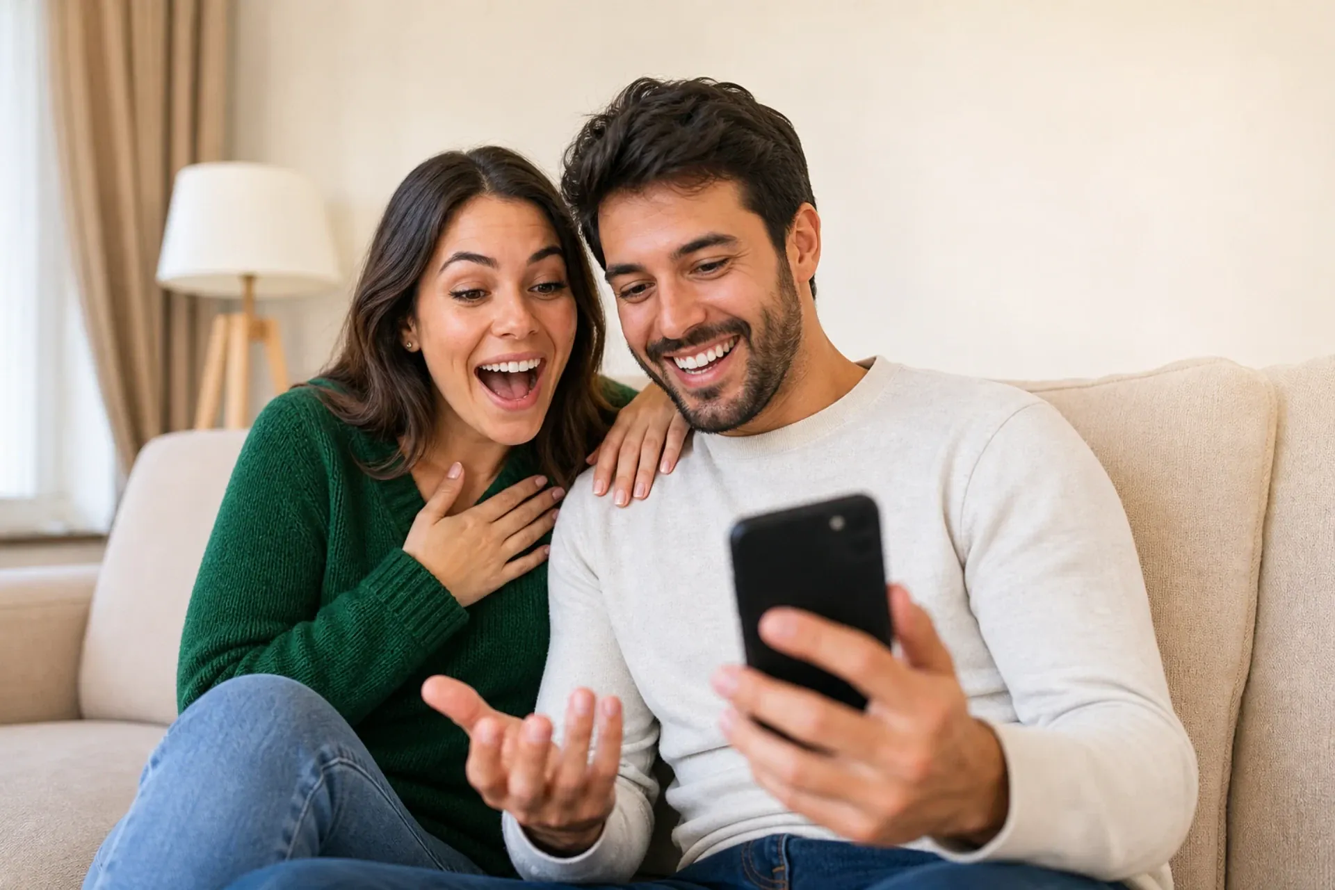 Happy couple using a mobile phone